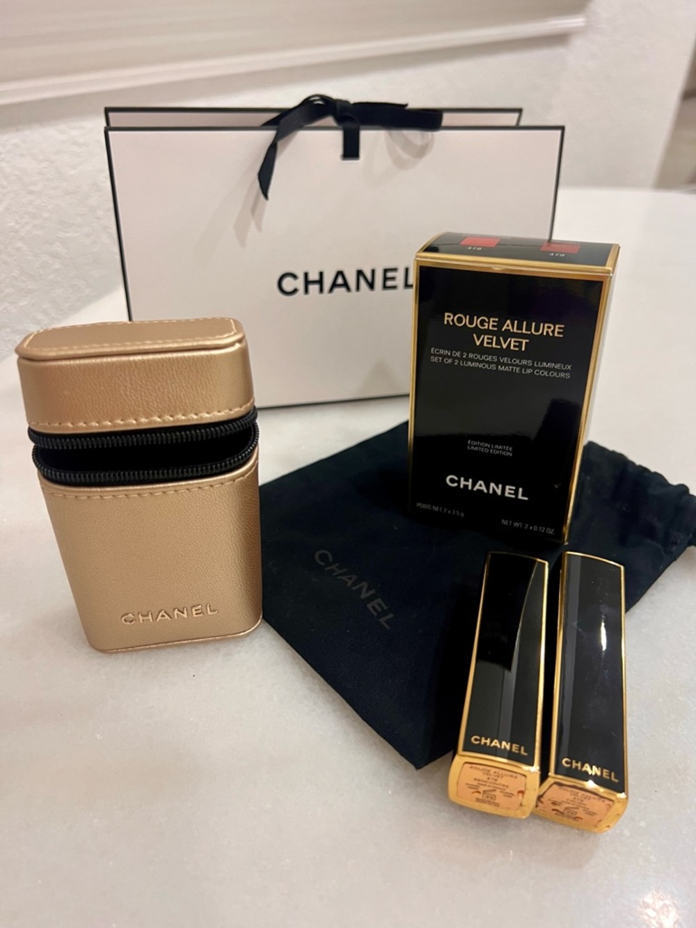 CHANEL Gold Rouge Allure Velvet Lipstick Duo with Gold Case